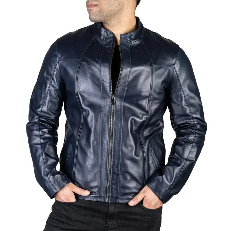 Mens Leather Jacket Code 2104J Navy Blue Color Zip Front Shot copy