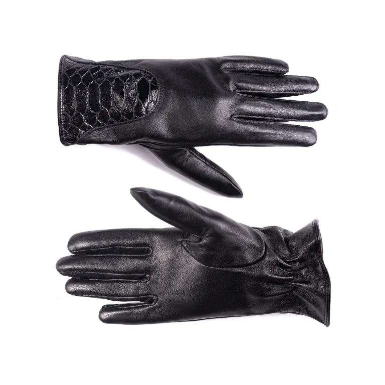 Womens Croc Leather Gloves Code 2507J Black Color Front Back View copy