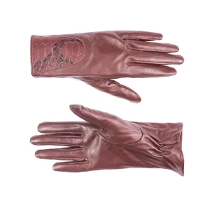 Womens Croc Leather Gloves Code 2507J Crimson Color Front Back View copy