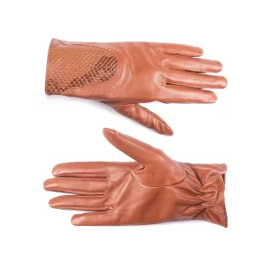 Womens Croc Leather Gloves Code 2507J Honey Color Front Back View copy