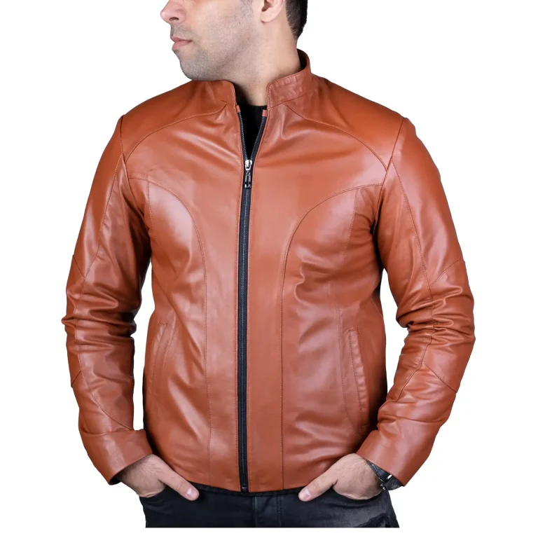 Mens Leather Jacket Code 2112J Honey Color Zip Front Shot copy