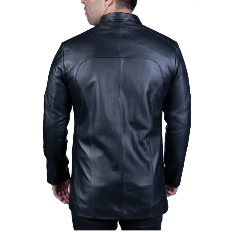 Mens Leather Long Coat Code 2111J Black Color Back Shot copy