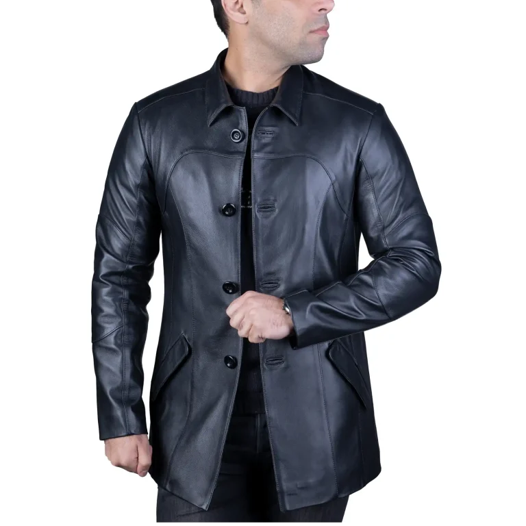 Mens Leather Long Coat Code 2111J Black Color Front Shot copy