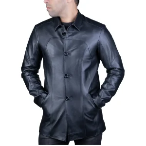 Mens Leather Long Coat Code 2111J Black Color Front View copy