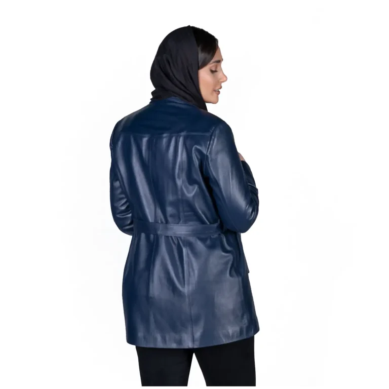 Womens Leather Jacket Code 2308J Navy Blue Color Back Shot copy