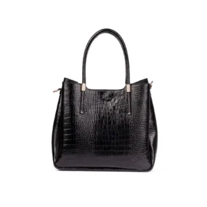 Womens Leather Croco Handbags Code 9252B Black Color Front View copy