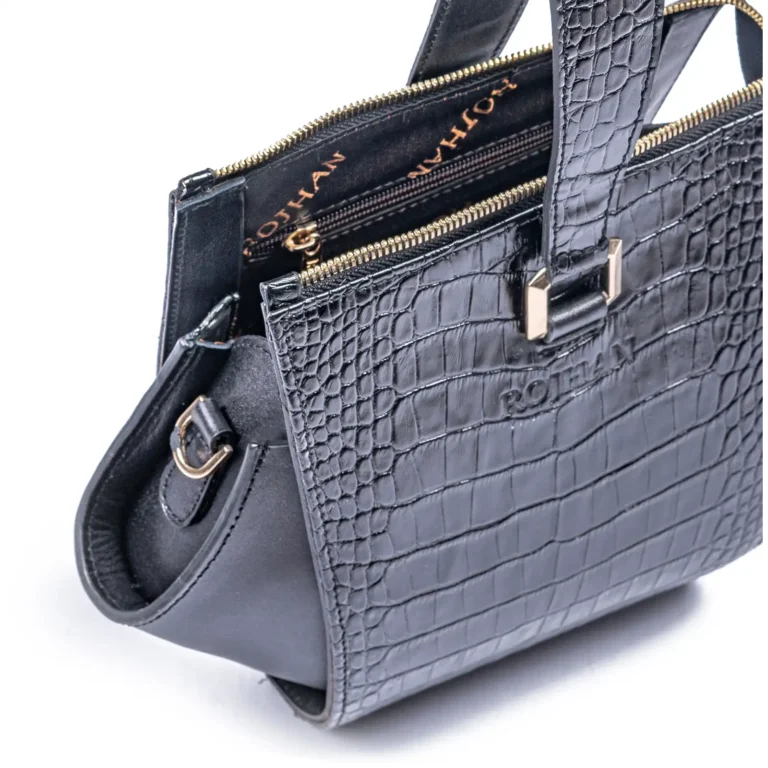 Womens Croco Leather HandBag Code 9537A Black Color Detail View copy