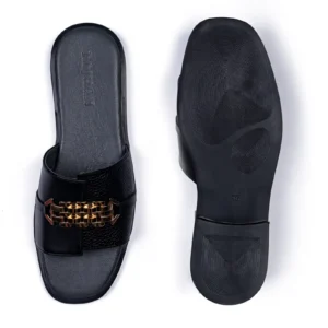 Womens Flat Leather Sandals Code 1014B Black Color Detail Shot copy
