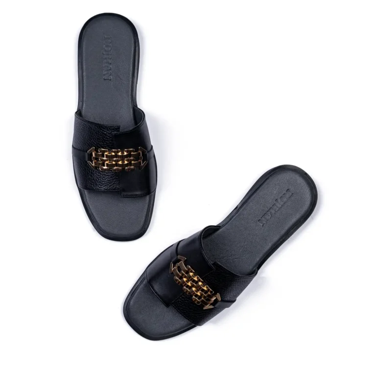 Womens Flat Leather Sandals Code 1014B Black Color High Angle copy