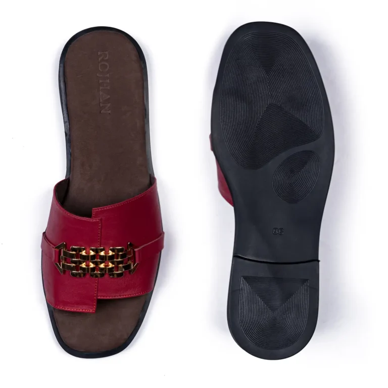 Womens Flat Leather Sandals Code 1014B Crimson Color Detail Shot copy