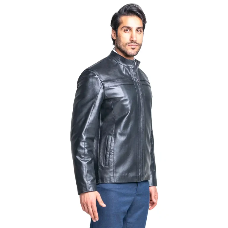 Mens Leather Jacket Code 2106J Black Color Zip Side Shot copy