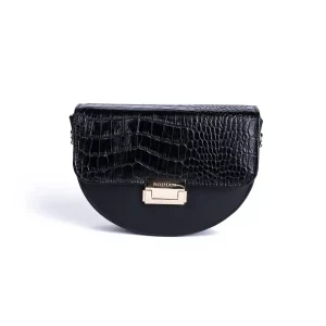 Women s Leather Croco Crossbody Code 9327A Black Color Front View copy
