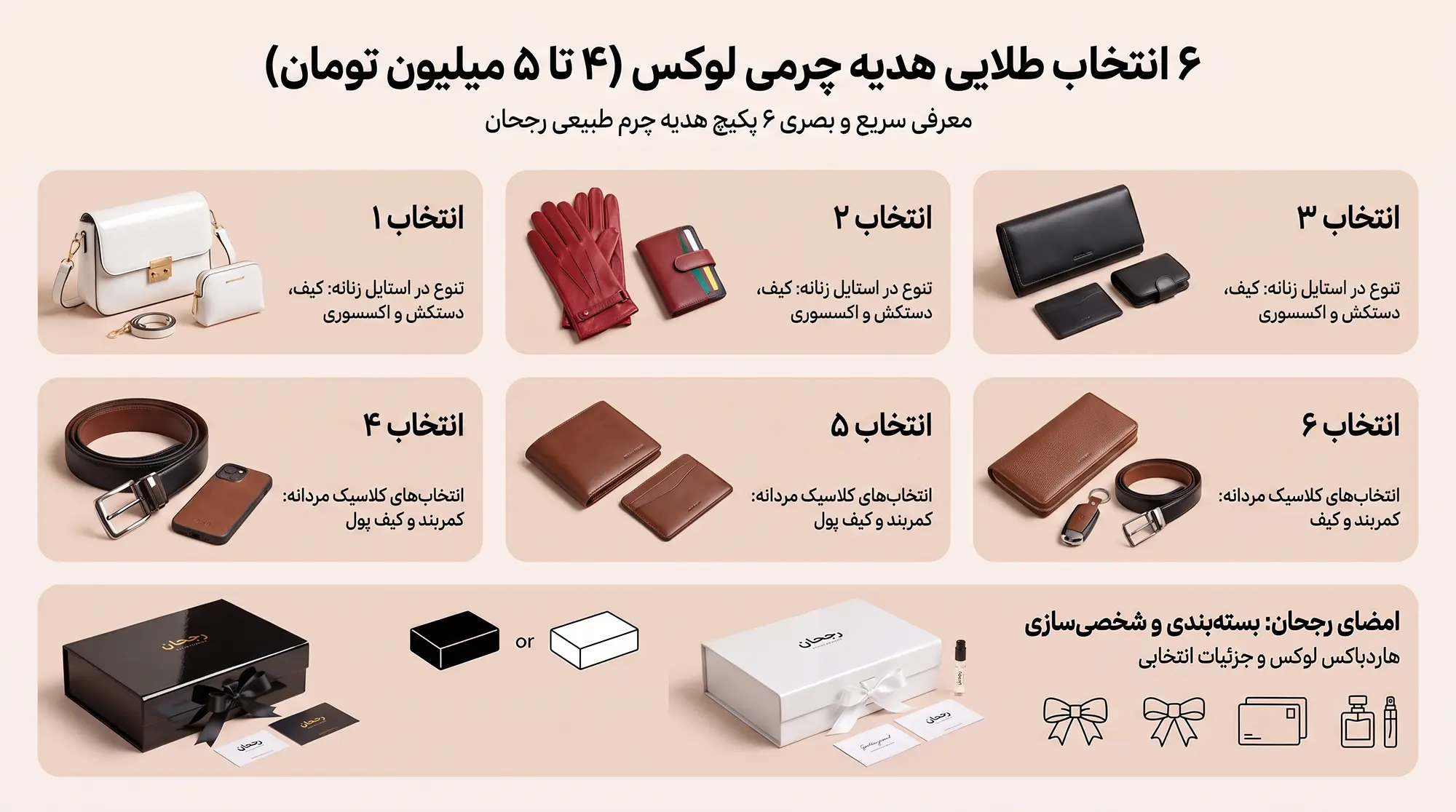 راهنمای خرید هدیه چرمی لوکس از برند چرم رجحان با بودجه ۴ تا ۵ میلیون تومان شامل ست هدیه چرم طبیعی زنانه و مردانه شیک